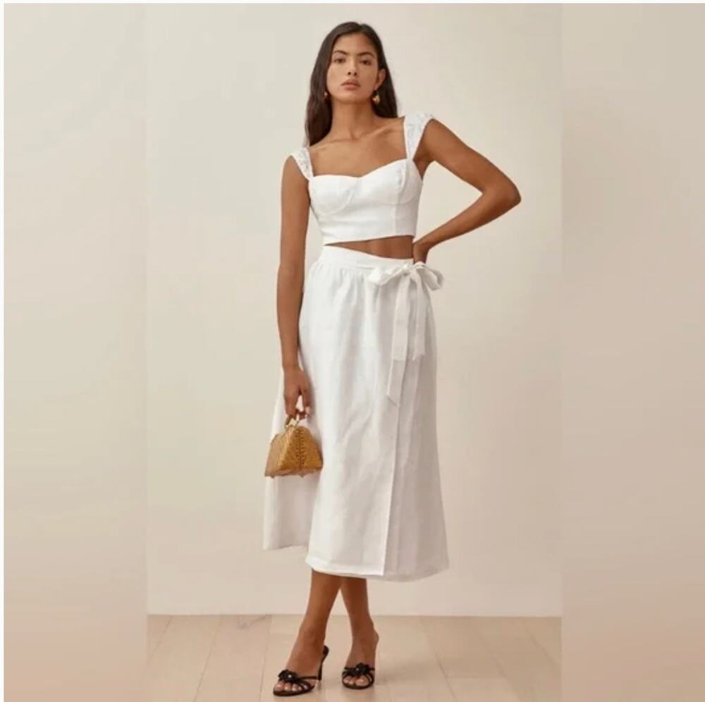 Reformation Clyde 100% Linen Two Piece Crop Top Midi Skirt Set White Size 10